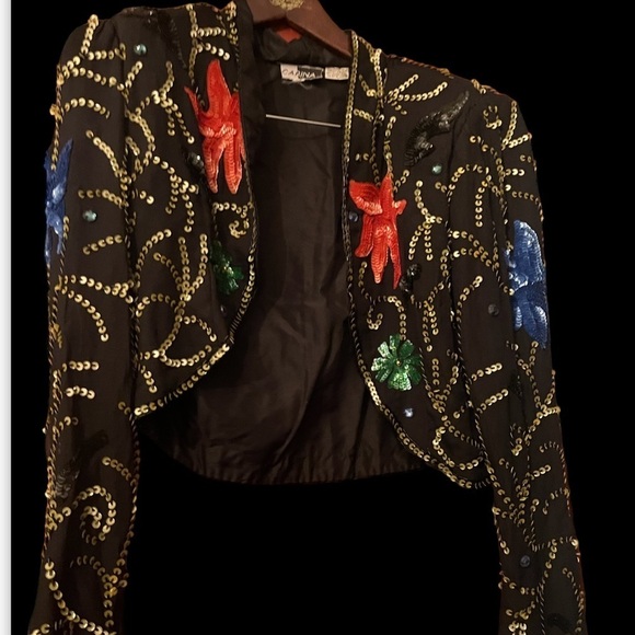 Vtg CARINA Open Front 100% Silk Sz M Crop Sequins Jacket - Picture 2 of 6